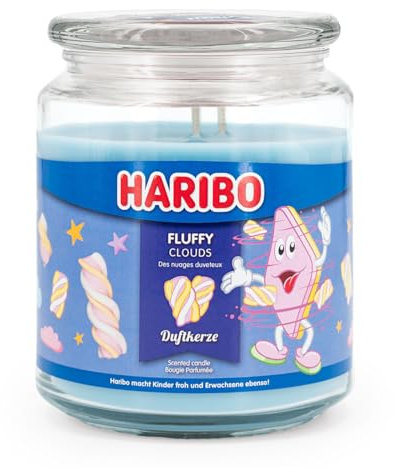 Haribo Duftkerze im Glas | Fluffy Clouds 510g | Duftkerze Süß | 100h Brenndauer | 2 Dochte | Geschenkidee für Frauen | süßer Raumduft