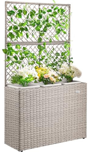 BAKAJI Fioriera da esterno con spalliera in polyrattan, 3 Vasi Removibili Contenitori per Piante, Traliccio da Esterno con grigliato ideale x Giardino, Balcone, Terrazzo, Pianta Rampicante (Crema)