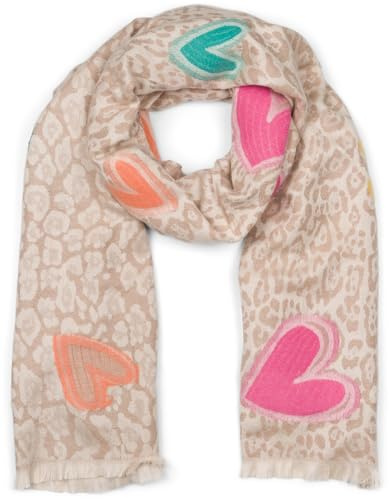 styleBREAKER Damen Schal Leo Muster Stickerei | 194x67 cm Maß, 100% reine Viskose, kurze Abschlüsse an den Enden, verziert mit aufgestickten Herzen.