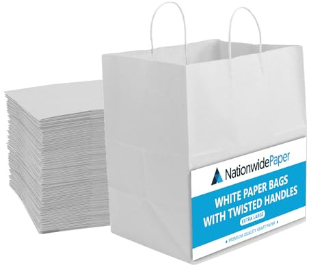 Nationwide Paper 600pc White Kraft Paper Bags, Shopping Bags with Strong Twisted Handles for Grocery Food Takeaway, Merchandise, Retail, Party Bags, Weddings Gift bag DIY (32x22x28cm)
