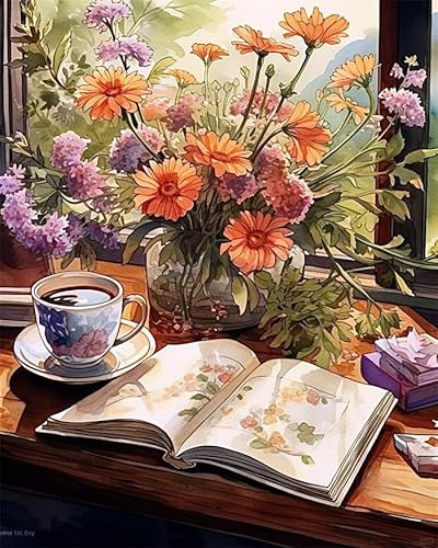 Kit de peinture à l'huile numérique,Vase livres et tasse à café,Kit de Peinture à l'huile sur Toile Bricolage avec pinceaux et peintures,40x50cm sans cadre