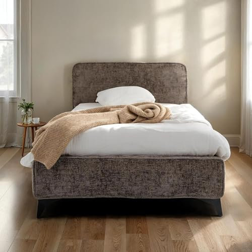 Polsterbett VIRETTA 90x200 in grau - Einzelbett mit Lattenrost & Chenille Stoffbezug. Bett in modernem Design mit stabilem Holzrahmen & Metallbeine