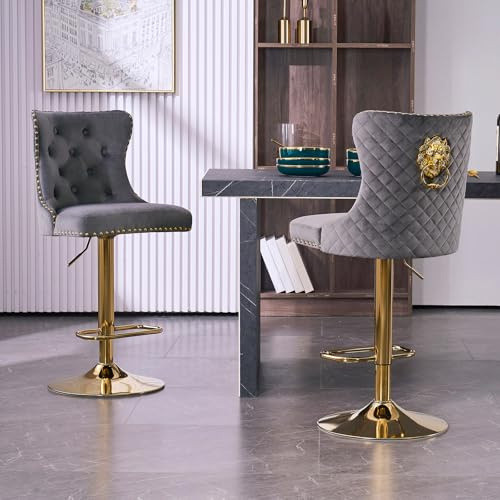 KHISCHMO Set of 2 Luxury Velvet Bar Stools, 360° Swivel Adjustable Counter Height Chairs with Lion Knocker, Gold Metal Base, Upholstered Breakfast Stools for Kitchen Island Bar, Golden Grey