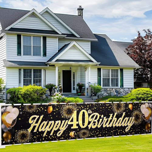 ANOMM Happy 40th Birthday Banner, 40th Black Gold Fabric Happy Birthday Decorations for Men Women, Birthday Party Photo Backdrop Banner, Outdoor Garden Wall Table Decor, 210 * 40cm