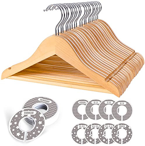 Kinderkleiderbügel Holz,30 Stück,Kleiderbügel für Kinder mit Größenring,Kinder-Kleiderbügel, rutschfest Babykleiderbügel für Baby und Kinder Puppen,Das Holzfarbe