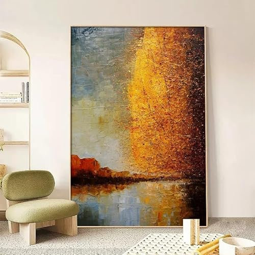 ACLCSHM Peinture À Lhuile Sur Toile Peinte À La Main,Peinture À L'Huile Texturée Originale Sans Cadre Représentant Un Arbre Doré Et Une Rivière, Peinte À La Main, Images D'Art Moderne, Déco