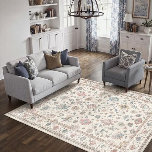PureCozy Teppich Wohnzimmer 140x200cm Waschbarer Teppiche,Multicolore | Blumenmuster,Waschbar, Rutschfest, Kurzflor, Weich, Schlafzimmer, Esszimmer, Büro, Flur, Kinderzimmer