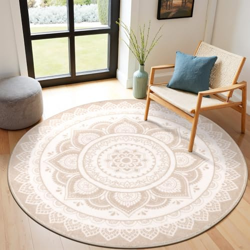 SHACOS Teppich Rund 200cm Runder Teppich Waschbar Anti Rutsch Boho Teppiche Wohnzimmer Rund Flauschig Weich Kurzflor Runder Teppiche für Schlafzimmer, Wohnzimmer, Beige
