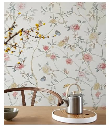 OPIGJUFD Wood Panel Wallpaper Pink Floral PVC Peel and Stick Wallpaper Elegant Beautiful Self Adhesive Wall Contact Paper Waterproof TV Background(44cmx300cm)