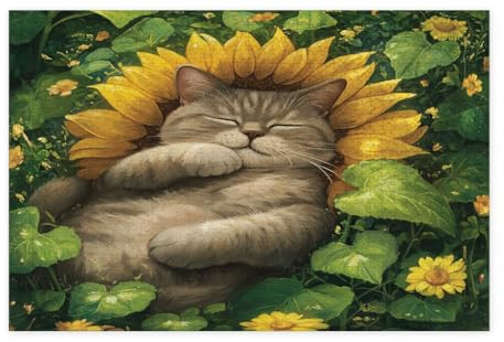 Spring British Shorthair Cat Jigsaw Puzzles for Adults 10000 Pieces Sunflower Leaf Kitten Wooden Puzzles, Fun Plant Pet Printed Decorations for Entertainment Party