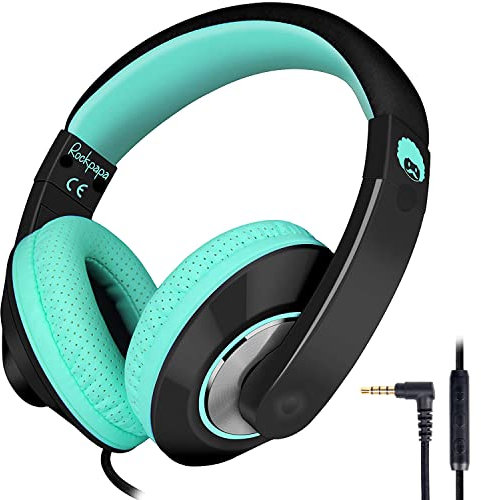 RockPapa Comfort+ Kinder Kopfhörer für Schule Jungen, Kopfhörer Kinder mit Kabel, Einstellbar, Lautstärkeregler, 3,5 mm Jack, HD-Mikrofon, Over Ear Kinderkopfhörer für Schule/Reise/PC, Schwarz Teal