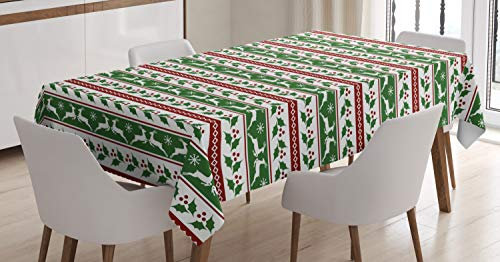 ABAKUHAUS Weihnachten Tischdecke, Rentiere Borders, Druck mit Klaren Farben ohne Verblassen Waschbar für innen oder Außen Bereich, 140 x 240 cm, Dunkelgrün Bordeauxrot und Weiß