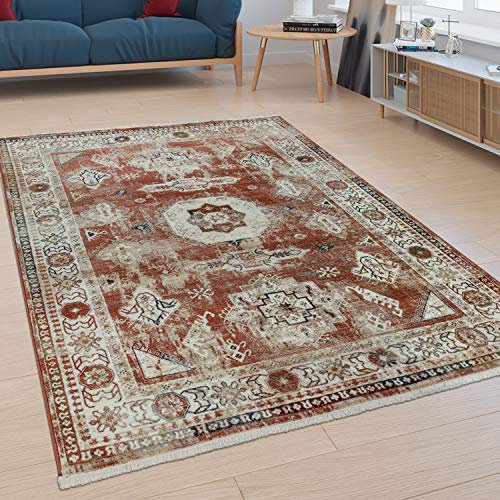 Paco Home Kurzflor Wohnzimmer Teppich Orient Design Used-Look Modern Bordüre Bunt, Grösse:120x170 cm