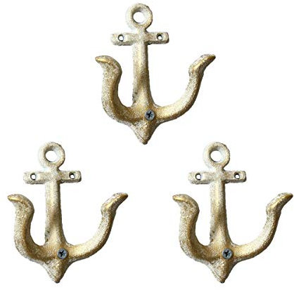TentHome 3er-Set Maritime Dekoration Garderobe Antik Gusseisen Wandhaken Kleiderhaken Garderobenhaken Anker Doppelhaken Wandgarderobe Vintage Garten Haken, Antik Weiß