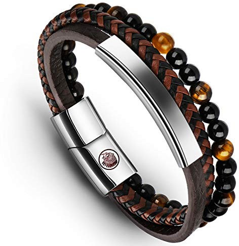 Casisto.J Lederarmband Herren Armband Männer Leder Edelstahl mit Gravur Schwarz Braun Geflochten Ärmbander mit Magnet Verschluss
