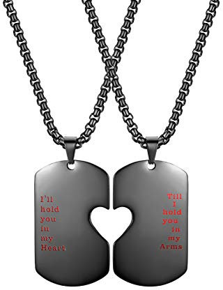 JewelryWe Valentinstag Schmuck Paare Halskette Edelstahl Herz Dog Tag Partner-Anhänger Partneketten mit Gravur I'll hold You in My Heart Till I hold You in My arms Pärchen Kette Schwarz