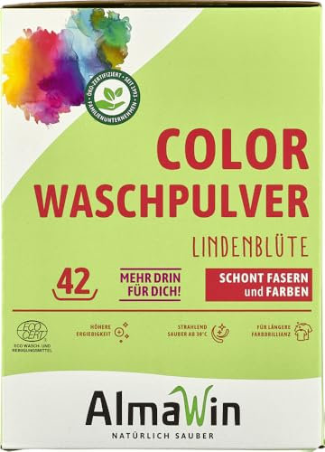 AlmaWin® Color Waschpulver [2x2kg - 84 Ladungen] mit Lindenblüten-Duft für strahlende Reinheit – Öko Waschmittel Pulver Color anwendbar für 30-60°C – Veganes Bunt-Waschpulver