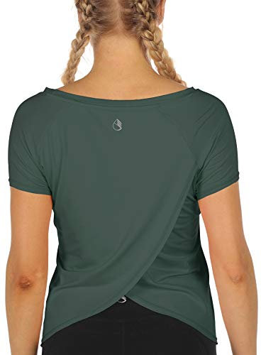 icyzone Damen Sport T-Shirt Kurzarm Yoga Top Schnell Trocken Elastisch Fitness Gym Oberteile (L, Smoke Pine)