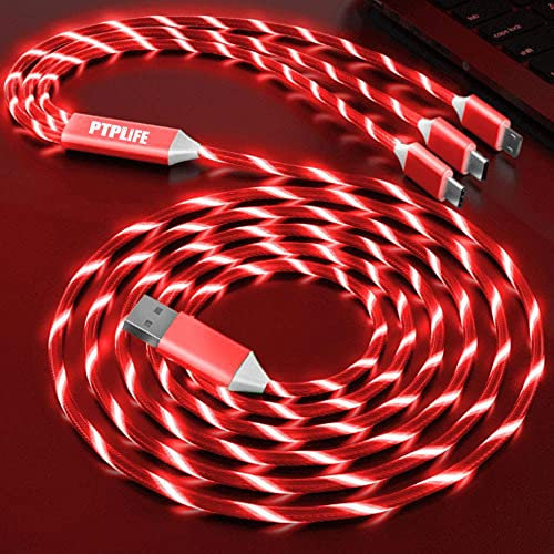 PTPLIFE Cavo USB 3 in 1, Multi 1,2 m, fluente, cavo di ricarica USB, luce LED luminosa, cavo di ricarica micro USB tipo C, lighting, Hua wei P10 P20, i-Product 6-XR e altri (rosso)