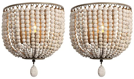Newrays 2 Pack Vintage Wood Bead Wandleuchte Grau Weiß Finishing Retro Antik mit Festverdrahtet für Schlafzimmerarmaturen