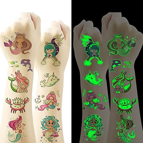 Deen Tattoo Kinder Mädchen Sticker Sets 10 Blätter,Meerjungfrau Leuchtende Temporäre Aufkleber, Fake Kindertattoos für Meerjungfrau Party Kindergeburtstag Geschenke Mitgebsel Spiele Deko