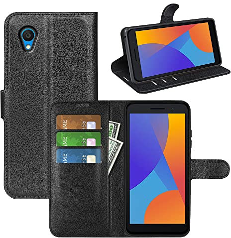 Fertuo Coque pour Alcatel 1 2021, Antichoc Portefeuille Étui Housse en Cuir à Rabat Flip Cover Case avec Silicone Bumper, Porte Carte, Béquille, Boucle Magnétique pour Alcatel 1 2021, Noir