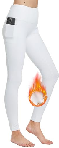 FitsT4 Sports Damen Winterreitleggings Silikon Vollbesatzreithose mit Fleecefutter mit Handytasche und Gürtelschlaufen,Weiß,L