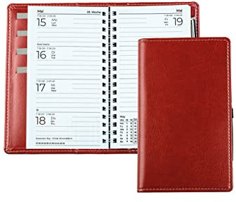 DELMON VARONE - Taschenkalender A6 2025 + 2026 veganem Kunstleder rot - Organizer Terminplaner (1 Woche auf 2 Seiten) klein - Kalender mit Wochenübersicht & Spiralbindung - Wochenplaner (nachfüllbar)