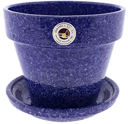 CERÁMICA ESPAÑA | Macetas de Barro Rojo | Macetas Decorativas | Macetas de cerámica | Macetas Exterior | Decorado Moteado Azul - D01 | Decoración 100% Hecho a Mano | 20x20x18 cm | Plato Incluido