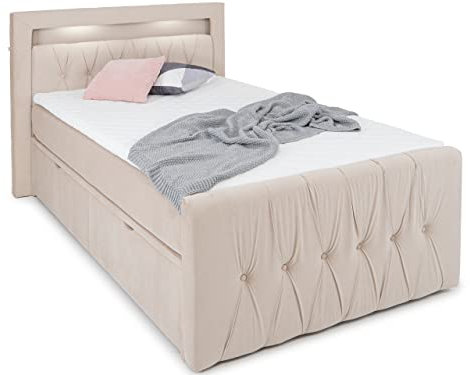 wonello LED-Bett 90x200 mit Bettkasten - gemütliches Einzelbett mit Matratze und Topper - Valencia Stauraumbett 90 x 200 cm mit Schubladen Samt-Stoff beige