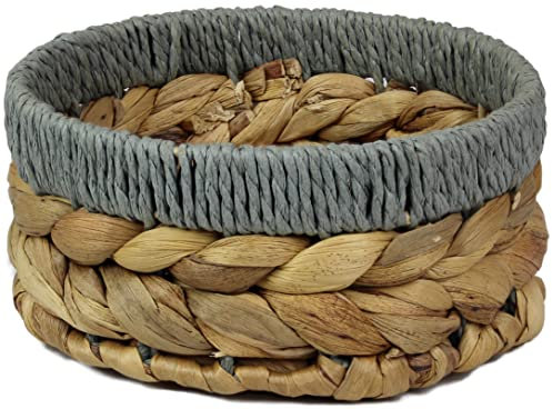 Small Water Hyacinth round baskets for storage Natural colour with grey edges shelves open. Decorative gift box Small bathroom mini tray makeup bathroom Kitchen organiser (Medium 18cm, 1 X Basket)