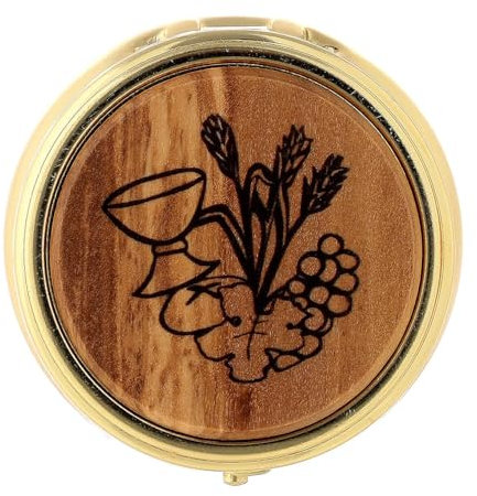 Versehpatene, Deckelmedaillon aus Olivenholz, Kelch/Ähren/Weintrauben, Ø 5,5 cm