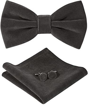 HOULIFE Fliege Herren Set - Verstellbare Fliege aus Samt Vorgebunden Fliegen, einfarbige Einstecktuch, Manschettenknöpfe Set für Bräutigam Hochzeit formal mit Geschenkbox - Dunkelgrau
