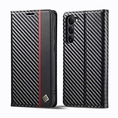 ZTOFERA Wallet Klapphülle für Samsung Galaxy S23 5G, Vertikale Rote Linie | 6,1 Zoll, Premium Carbon Fiber PU-Leder Hülle, Magnetische Handyhülle mit Kartenfach, Standfunktion, Stoßfest Schutzhülle