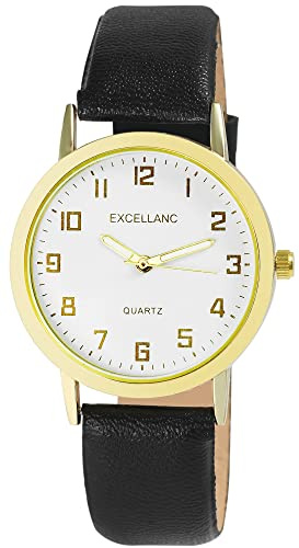 Excellanc Herren-Uhr Kunstleder Dornschließe Leuchtzeiger Analog Quarz 2900230 (schwarz weiß goldfarbig)