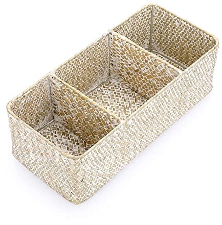 IGNPION Aufbewahrungskorb mit 3 Fächern, Seegras, gewebter Schreibtischkorb, rechteckig, Organizer-Box, Regale und Schreibtische, dekorativer Korb für Kleinteile, Schreibwaren, Kosmetik, weiß