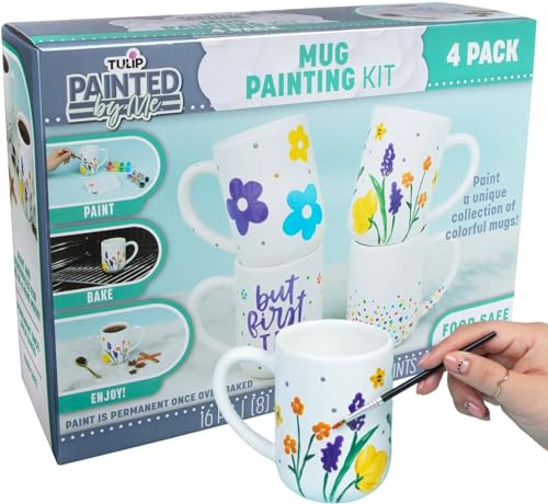 TULIP Paint and Bake Ceramic Mug Kit, Easy Craft Kit & Family Activity, Includes Rainbow Paint, Brush & Paintable Mugs