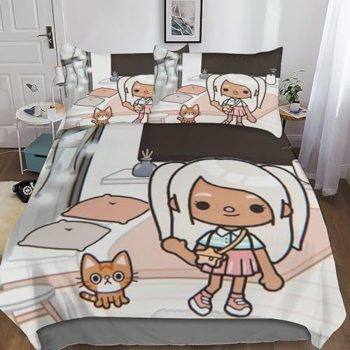 VOLDAX Toca Boca Welt 3D Bettwäsche Set Kinder Erwachsene, Microfaser Spiele Bettbezug Und Kissenbezüge Mit Reißverschluss Weich Haltbar Atmungsaktive Double（200x200cm）