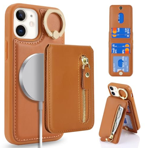 Coque Magnétique pour iPhone 12 Mini - Compatible avec MagSafe - Etui iPhone 12 Mini Portefeuille avec Porte Carte avec Anneau Béquille - Pochette Housse Coque pour iPhone 12 Mini-Marron