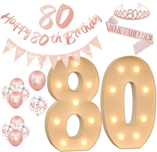 TTiiLoe Deko-Set zum 80. Geburtstag, 70 cm, Festzelt, beleuchtete Zahlen, 30,5 cm Happy Birthday-Luftballons, Wimpelkette, Banner, Schärpe und Diadem für Geburtstagsparty-Dekoration