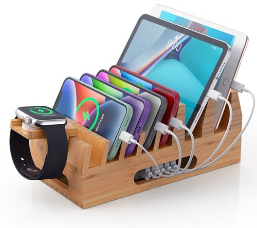 All In One Family Dock Station, Wooden Bamboo Charge Stand, Dock Rack Organizer for Multiple Devices for Mobile Phones, Tablets, Laptop, Smart Watch -No Charger Power Supply