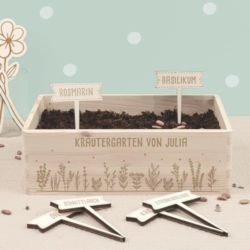 Personalisiertes Saatgut Anzuchtset für Kinder inkl. Samen und Pflanzenstecker mit Wunschgravur, Mini Gärtner Starter Kit, Garten Holzkiste, Gemüsegarten für Kinder (Kräuter, L (40x30x15cm))