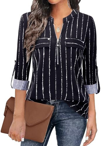 Siddhe Damen Schwarz Damen Oberteile Reißverschluss Longshirt 3/4 Ärmel Blusen Tunika Arbeit Oberteile Hemd Damenmode Tops Elegant Casual Business Gestreifte Blusenshirt, XL