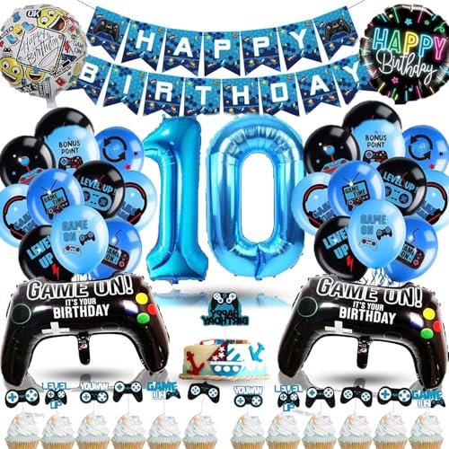 Betensh Deko 10 Geburtstag Junge, Luftballon 10. Geburtstag Junge,Ggeburtstagsdeko 10 Jahre Junge mit Videospiel Tortendeko, Geburtstagsdeko Junge Ballons Blau für Gamer Deko Party