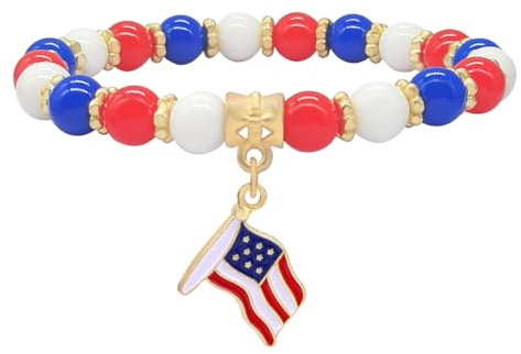 ZMANYIJEW 2024 New Independence Day Bracelets American Flag Stretch Beaded Bracelet Red White and Blue Bracelets Beaded American Flag Star Heart Bow Pendant Bracelet Patriotic Jewelry for Women Men,