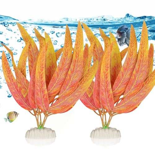 BEGONDIS 2Pcs Artificial Aquatic Plants Set - Lifelike Silk Fabric Leaves for Aquarium Decoration, Easy to Maintain, Vibrant Underwater Garden (Orange)