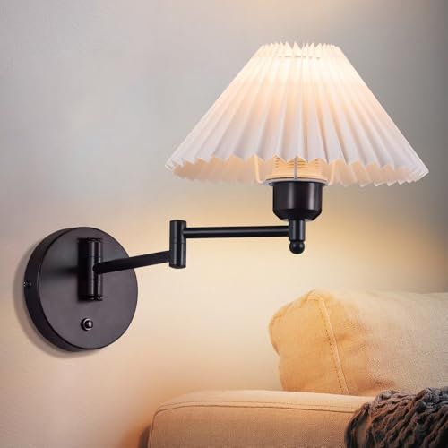GBLY Wandleuchte Innen Wandlampe Vintage mit Schalter : E27 Retro Stoff Lampenschirm Wandbeleuchtung Flur 180° Schwenkbar Arm Weiß Flurlampe für Schlafzimmer Wohnzimmer Treppenhaus Ohne Leuchtmittel