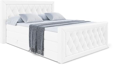 ALTDECOR Boxspringbett mit H3 Matratze-Bonellfederung, H4 Multipocket-Matratze, PUR, Topper (4 cm hoch), Polsterbett mit Kopfteil und Bettkasten - Noel-Z King - 140x200 - Weiß Kunstleder