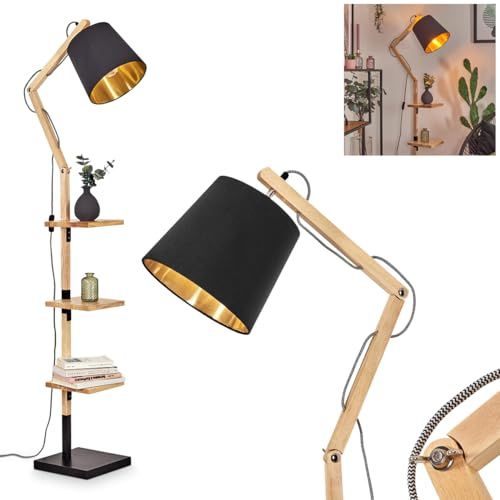 HOFSTEIN Stehleuchte Tukchor, Stehlampe aus Holz/Metall/Stoff in Natur/Schwarz-Gold, verstellbare Leuchte im Boho-Design m. Ablageflächen u. Schalter, 152,5cm, E27, Wohnzimmer, Schlafzimmer, Esszimmer