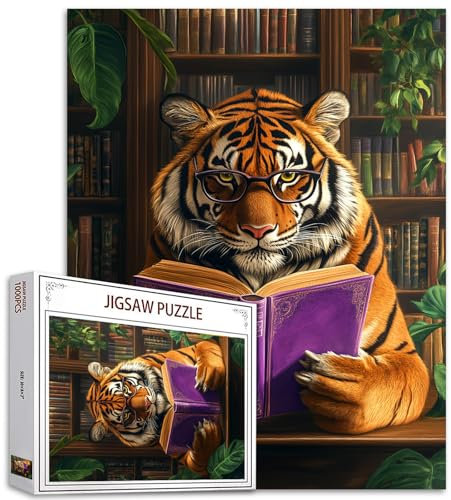 Tiger Reading Books 1000 Piece Jigsaw Puzzle for Adults Animal with Glasses Retro Library Jigsaw Puzzles Hard Difficult Challenging Family Activity Game Nights DIY Handwork Puzzles Home Decor Gifts